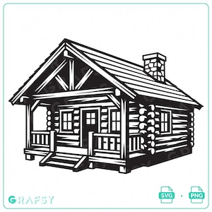 May include: A black and white graphic illustration of a log cabin featuring a front porch with stairs, a chimney on the side, and a gabled roof. The design includes a central door flanked by two windows, with additional windows on the side wall.