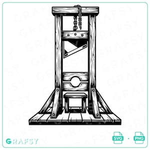 May include: A black and white graphic illustration of a guillotine featuring a tall wooden frame with a heavy angled blade suspended by a chain, a central neck restraint with a circular opening, and a small wooden bench on a flat platform base.