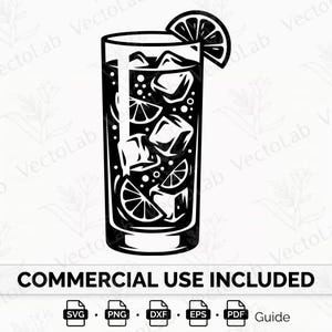 May include: A black and white graphic illustration of a tall glass filled with liquid, ice cubes, and citrus slices. A citrus wedge garnish is attached to the rim. Below the glass, the text reads COMMERCIAL USE INCLUDED with file format icons.