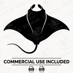 May include: A black silhouette graphic of a manta ray with wide wings and a long tail. Below the graphic, the text reads COMMERCIAL USE INCLUDED, followed by two small icons labeled SVG and PNG, all set against a light background.