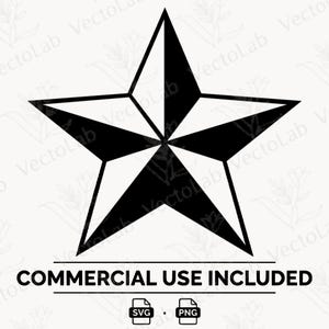 Puede incluir: Un gráfico de estrella náutica en blanco y negro con segmentos alternos sólidos. Debajo de la estrella, el texto dice COMMERCIAL USE INCLUDED, seguido de dos pequeños iconos etiquetados como SVG y PNG, indicando formatos de archivo digital.