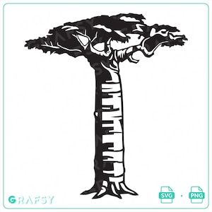 May include: A black and white graphic illustration of a flat-topped acacia tree with a wide, spreading canopy and a textured trunk. The design features bold, high-contrast lines and includes the text GRAFSY in the bottom left corner.