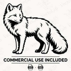 Könnte beinhalten: Eine schwarz-weiße grafische Illustration eines Fuchses, der im Profil nach links schaut. Unter dem Fuchs steht der Text COMMERCIAL USE INCLUDED, gefolgt von zwei kleinen Symbolen mit der Beschriftung SVG und PNG für digitale Dateiformate.