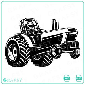 May include: A black and white graphic illustration of a tractor pulling vehicle with large rear tires and a driver wearing a helmet in the cab. The design features a prominent front grille, dual exhaust stacks, and a roll cage structure.