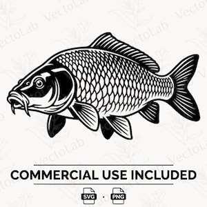 May include: A black and white graphic illustration of a carp fish featuring detailed scale patterns, fins, and barbels. Below the fish, the text reads COMMERCIAL USE INCLUDED, followed by two small icons labelled SVG and PNG respectively.