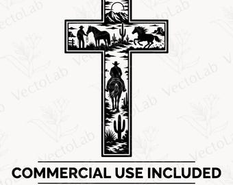 Cruz de Cowboy SVG PNG Fé Ocidental Cristã Rancho Cavalo Rodeio Deserto