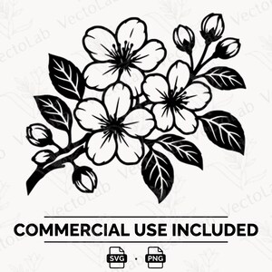 May include: A black and white graphic illustration of a cherry blossom branch featuring three fully bloomed flowers, several closed buds, and pointed leaves. Below the floral design, the text reads COMMERCIAL USE INCLUDED with SVG and PNG icons.