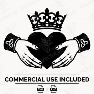 May include: A black and white graphic illustration of a Claddagh symbol featuring two hands holding a heart topped with a crown. The cuffs of the sleeves display a triquetra knot design. The text COMMERCIAL USE INCLUDED appears below.