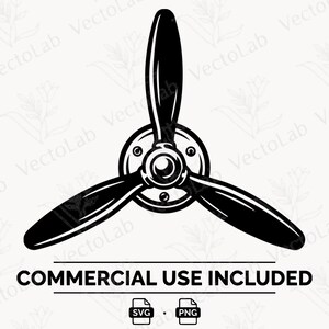 Puede incluir: Una ilustración gráfica en blanco y negro de una hélice de avión de tres palas centrada en un buje circular. Debajo de la hélice, el texto dice COMMERCIAL USE INCLUDED, seguido de dos pequeños iconos etiquetados como SVG y PNG.