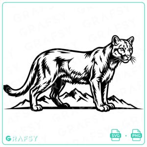 May include: A black and white graphic illustration of a mountain lion standing in profile. The feline is positioned above a stylized mountain range. The design features bold lines and high contrast, suitable for digital cutting or printing projects.