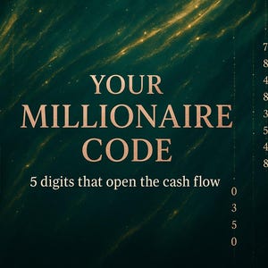 Op de afbeelding: Een artistieke digitale afbeelding met de tekst "YOUR MILLIONAIRE CODE" in gouden letters op een donker teal-kleurige achtergrond. De tekst "5 cijfers die de cashflow openen" staat eronder. Smaragdgroene kristallen en cijfers zijn ook aanwezig.