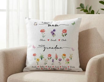 Personalized Grandma Pillow Cover, First Mum Now Grandma Floral Throw Pillow, Mother Gift, Nana Keepsake Home Decor