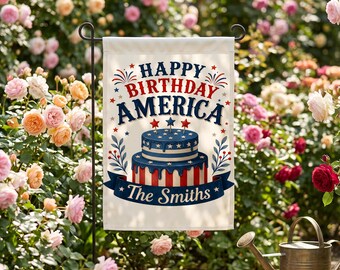 Custom Happy Birthday America Anniversary Garden Flag,House Flag, Custom Family Name Yard Decor, 4Th Of July Porch Decoration