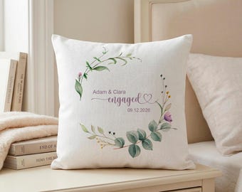 Custom Engagement Pillow Cover,Couple Cushion Cover, Botanical Wedding Gift, Romantic Bedroom Decor, Custom Name Keepsake
