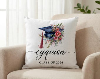 Custom Name Graduation Hat Pillow Cover, Class Of 2026 Cushion Cover, Senior Gift For Her, Dorm Room Decor, Floral Graduation Keepsake