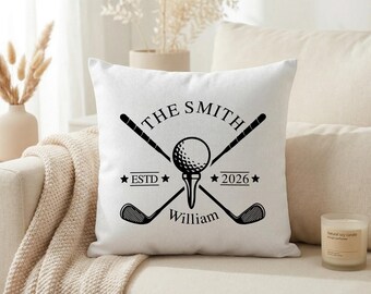 Personalized Golf Pillow Cover, Custom Family Name Golf Decor Gift, Golfer Housewarming Cushion Cover, Sports Bedroom Accent