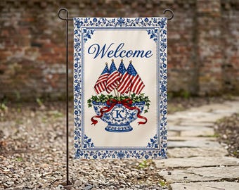 Custom Chinoiserie Welcome Garden Flag, American Flag Floral Basket Yard Decor, Front Porch Outdoor Decoration, Housewarming Gift