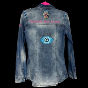 Neon Army Reworked 'Manifest your dreams' Up-cycled & customised vintage inspired beaded and hand painted one of a kind denim shacket