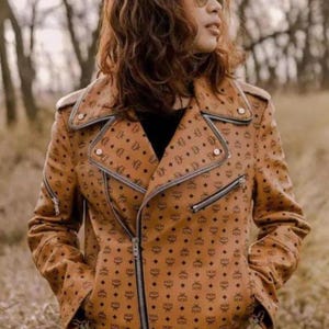 MCM Leather Biker Jacket Women&#39;s  Brown Bomber Designer Style