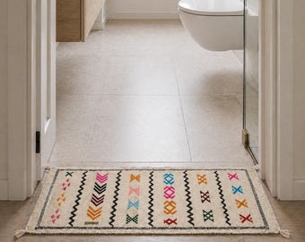 Bath Mat handmade Moroccan Azilal Wool Rug, Colorful Boho Entryway Runner