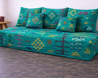 Handmade Moroccan Teal Daybed Cover and Pillow Set with Tribal Geometric PatternsRug