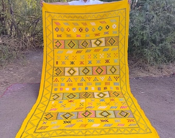 Handmade Yellow Moroccan Rug: Large Berber Wool Tribal Floor Mat