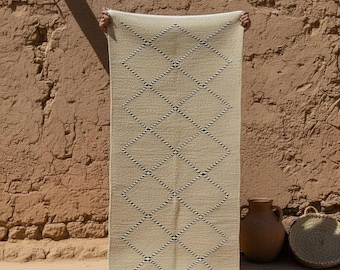 Handwoven Moroccan Wool Rug – Natural Beige with Black & White Diamond Pattern | Berber Tribal Design