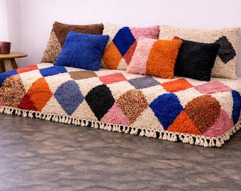 Colorful Tufted Wool Sofa Cover, Boho Moroccan Daybed, Geometric Couch, Shaggy Bench Seat