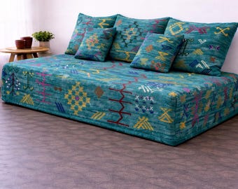 Handmade Moroccan Teal Daybed Cover and Pillow Set with Tribal Geometric PatternsRug