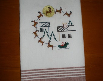Christmas Embroidered Towel - Santa and Reindeer in Moonlight