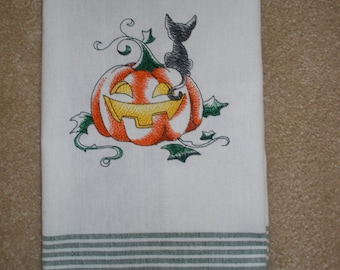 A Halloween Kitten with Jack-O-Lantern Embroidered Towel