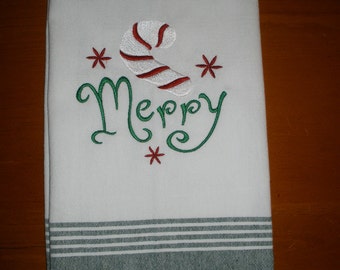 Christmas Embroidered Towel - Merry With Candy Cane