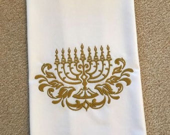 Chanukah Damask Menorah Embroidered Towel