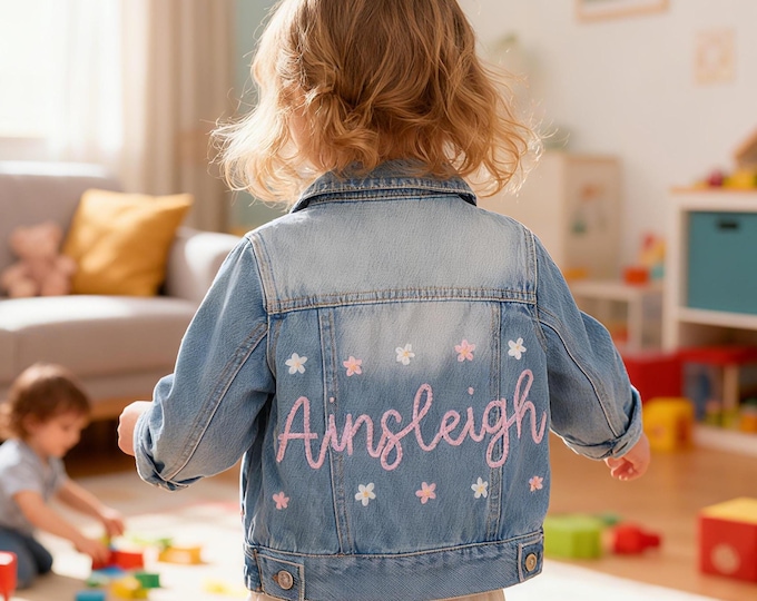 Custom Personalized Crocheted Denim Jacket | Handmade Embroidered Kids Coat, Unique Handcrafted Kids Outerwear