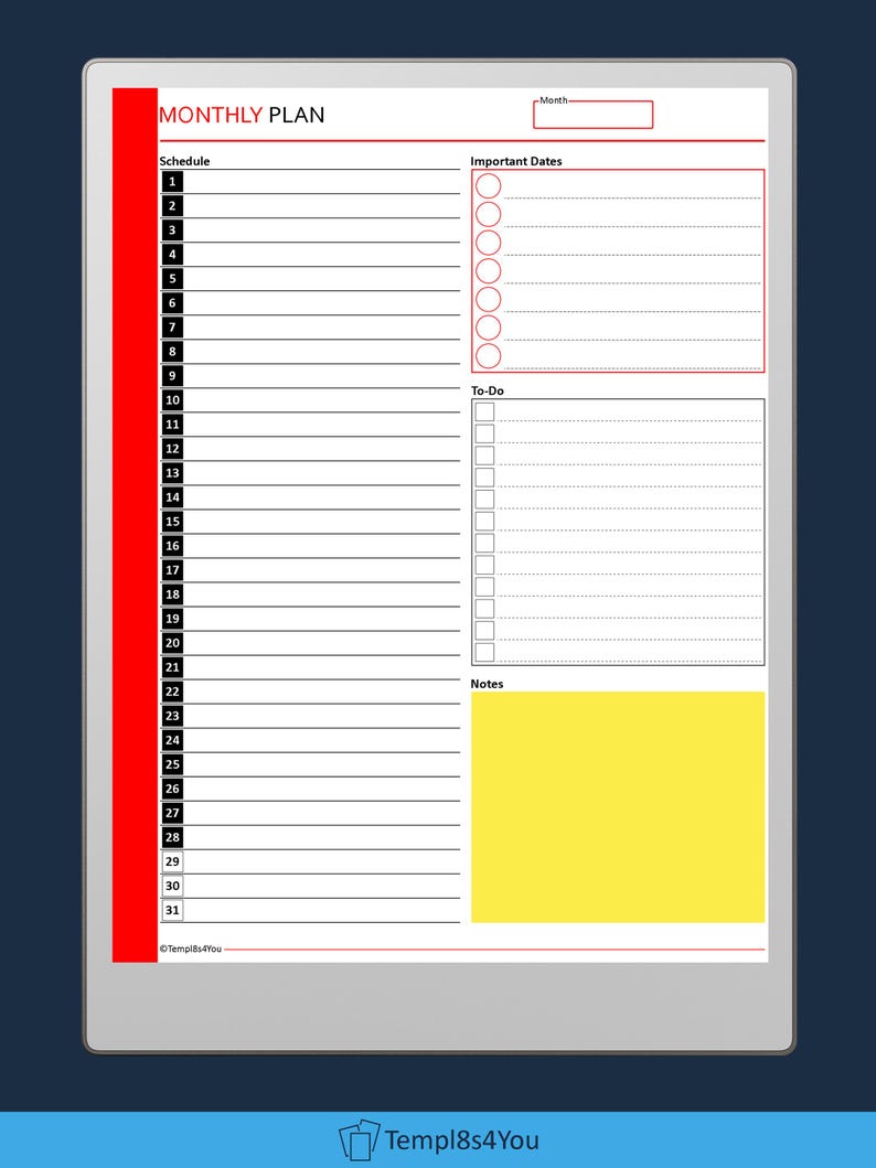 Monthly Plan With Schedule Template for Remarkable Paper Pro Tablet - Etsy