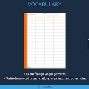Puede incluir: Una hoja de trabajo de vocabulario con el título "VOCABULARY". Tiene columnas para palabra, pronunciación, significado y notas. También incluye el texto "Learn foreign language words" y "Write down word pronunciations, meanings, and other notes".