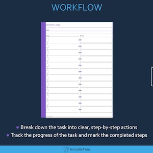 Peut inclure: Un modèle de flux de travail avec le mot « WORKFLOW » en haut. Le modèle comporte une bande verticale violette à gauche et une série de lignes horizontales pour les détails des tâches. Le chiffre « 1 » est dans un encadré blanc à droite.