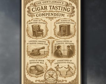 The Gentleman’s Cigar Tasting Compendium – Decorative-Vintage Wall Art, Digital Art Cigar Lounge, Manly Man Cave Wall Art, Cigar Lovers Gift