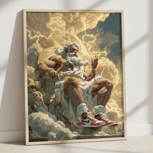 May include: Framed art print depicting Zeus, the Greek god, seated on a throne amidst clouds and lightning. He is wearing a white robe and modern red and white sneakers. The artwork has a classical theme with a modern twist.