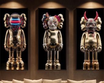 Masked HypeBeast Wall Art Set Of 3, Kaws Style Poster, Decorative Hype Beast Print, Modern Urban Decor, 4K High-Res Canvas