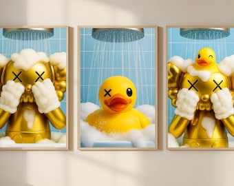 Rolig badrumshypeBeast Kaws-stil väggkonstposters, set med 3, Kaws-inspirerat badrumsdekorativt tryck, rolig badrumspresentdekor, Kaw-present.