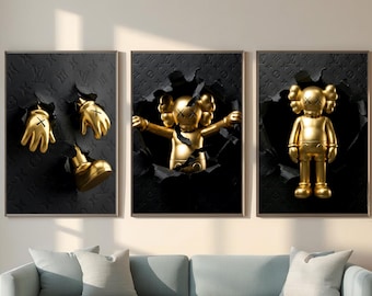 Ensemble de 3 affiches d'art mural de luxe inspirées de HypeBeast Kaws, décoration Hypebeast de style Kaws, impression de décoration urbaine soignée, figurines Kaws