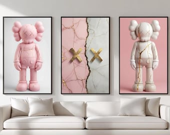 Dekoratives HypeBeast Pink Kaws Designer Wandkunst Poster 3er-Set, Kaws Style Hypebeast Decor, Artful Urban Decor Print, Kaws Figured Art Print