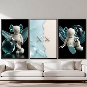 Kaws Poster Black Sea Wall Art Set of 3, Hypebeast Luxury House Decor,Summer Kaws Print,Luxury Beach HypeBeast Wall Art, Kaws Figures Gift image 1