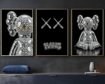 Lot de 3 affiches d'art mural Kaws, décoration de chambre Hypebeast, art mural luxe diamant, décoration glam noire glam, affiche hip hop moderne