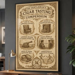 May include: A framed rectangular wall art print titled The Gentleman's Cigar Tasting Compendium. The beige poster features vintage-style illustrations and text describing various scents, including armchair leather, cannon fire, and mustache wax.