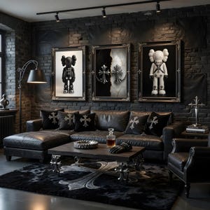 May include: A modern living room with a dark, gothic aesthetic. Features include a black leather sectional sofa, framed artwork, decorative pillows, a coffee table, and a patterned rug. The room is illuminated by track lighting and a floor lamp.