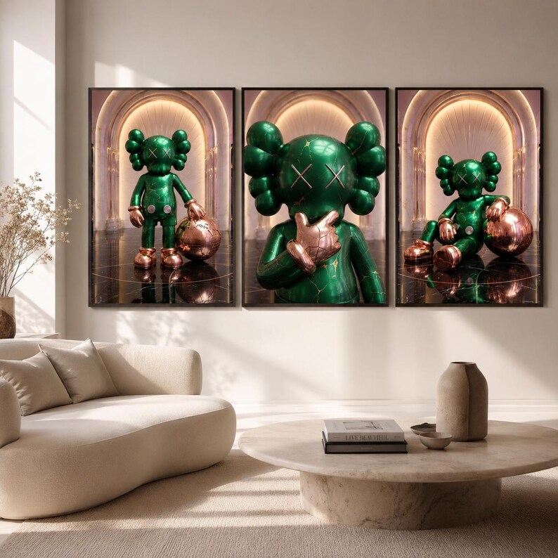 Puede incluir: Un tr&iacute;ptico de tres l&aacute;minas de arte enmarcadas que muestran un personaje de estilo KAWS verde brillante con ojos en forma de X. El personaje aparece en varias poses dentro de un pasillo arqueado, con detalles en oro met&aacute;lico y una esfera.