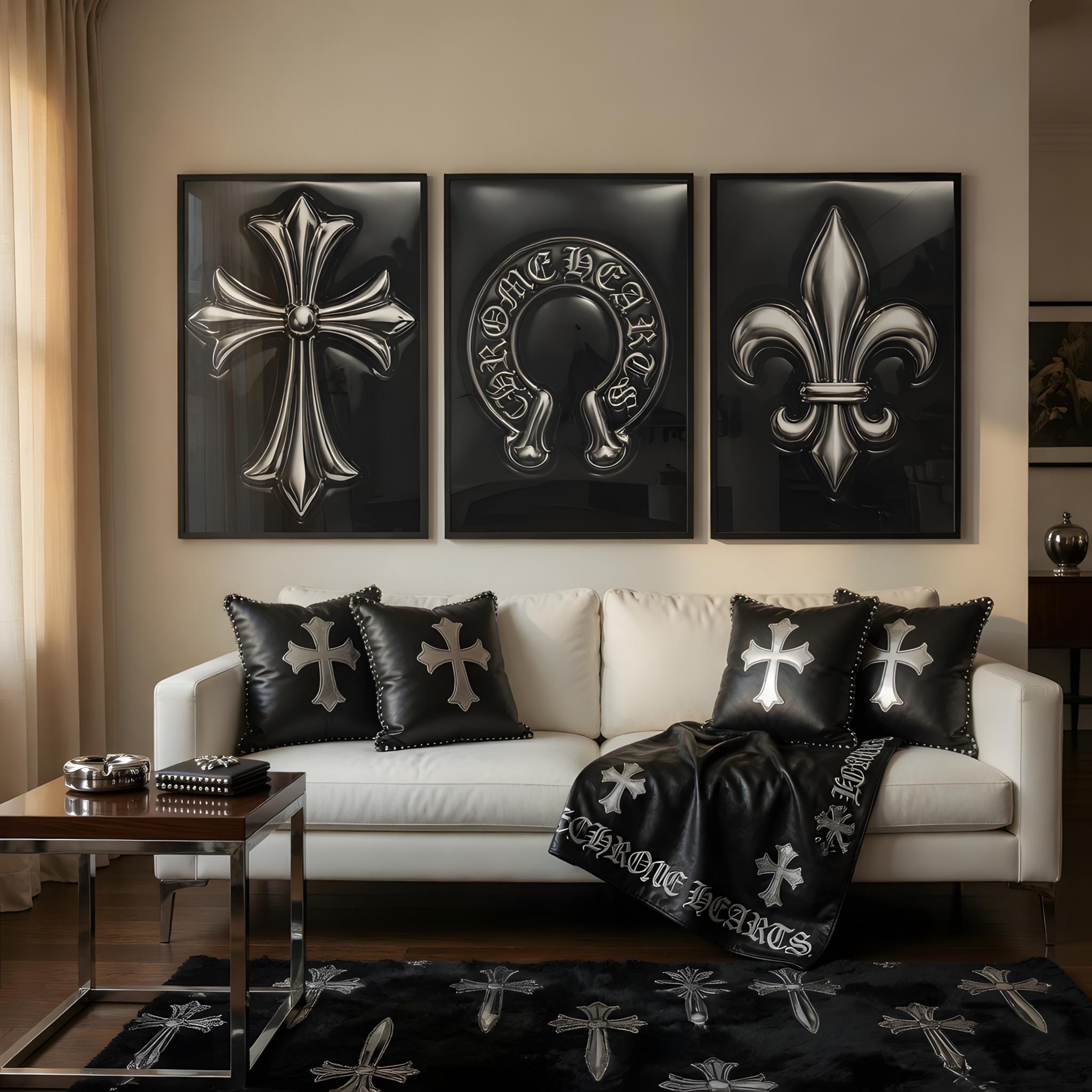 Chrome Hearts Hypebeast Wall Art Poster Set of 3, Black Silver