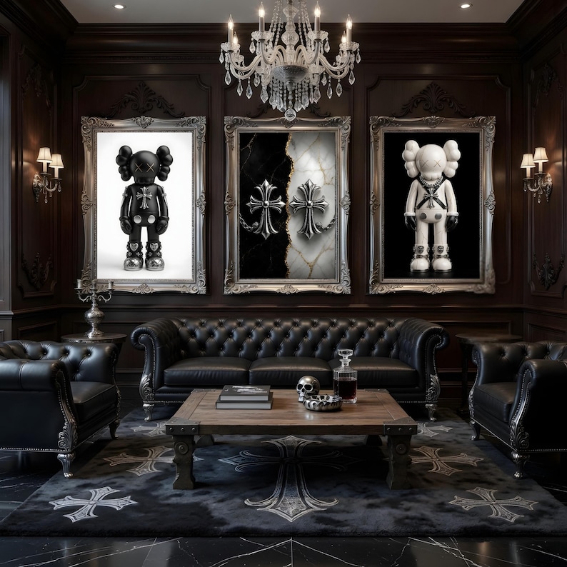 May include: A luxurious living room with dark wood paneling, a black leather sofa, and two matching armchairs. Three framed artworks hang on the wall, and a patterned rug covers the floor. A crystal chandelier and sconces provide lighting.
